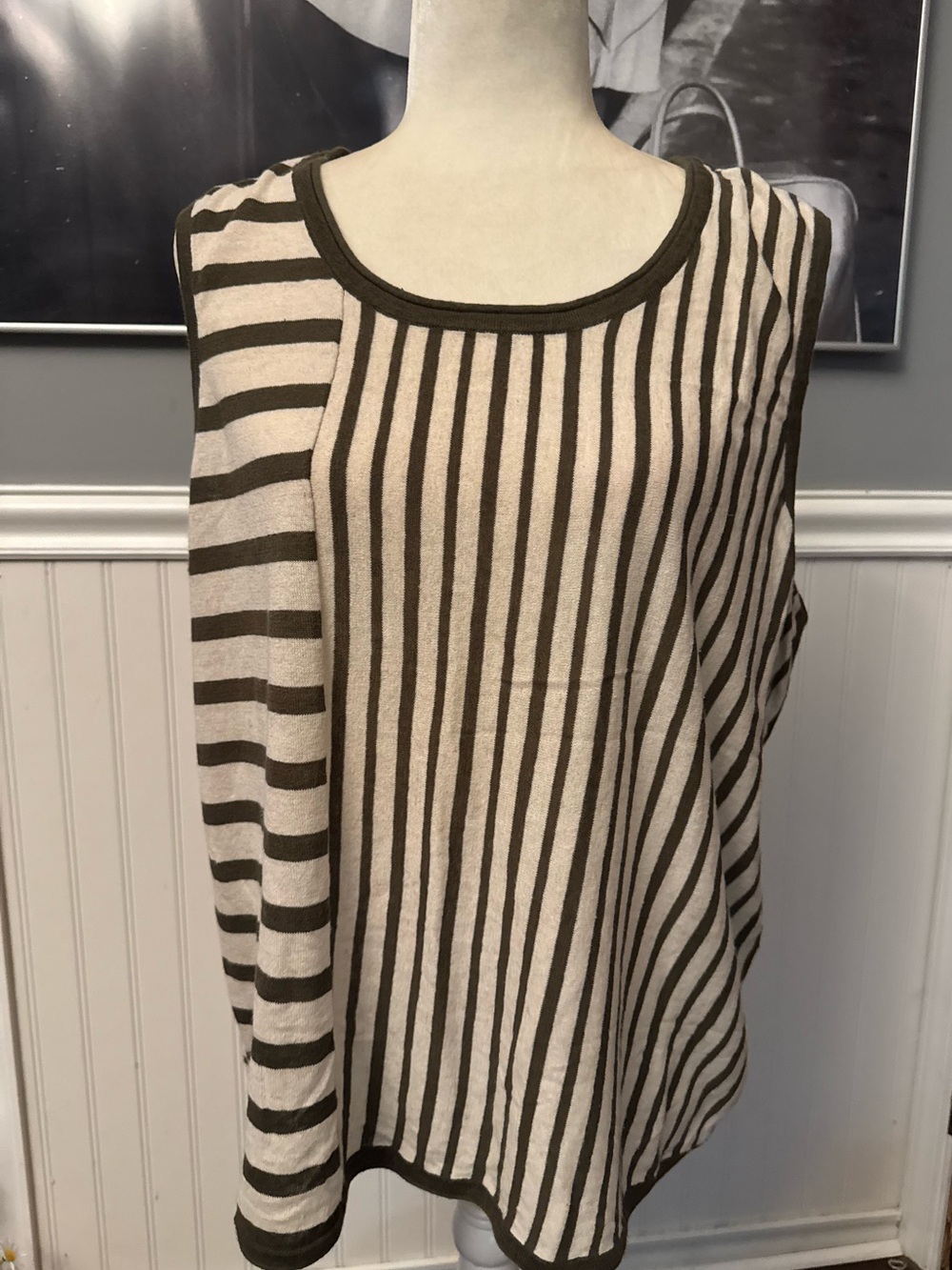 Christopher & Banks Brown Cream Striped Sleeveless Linen Cotton Blend Top Sz XL